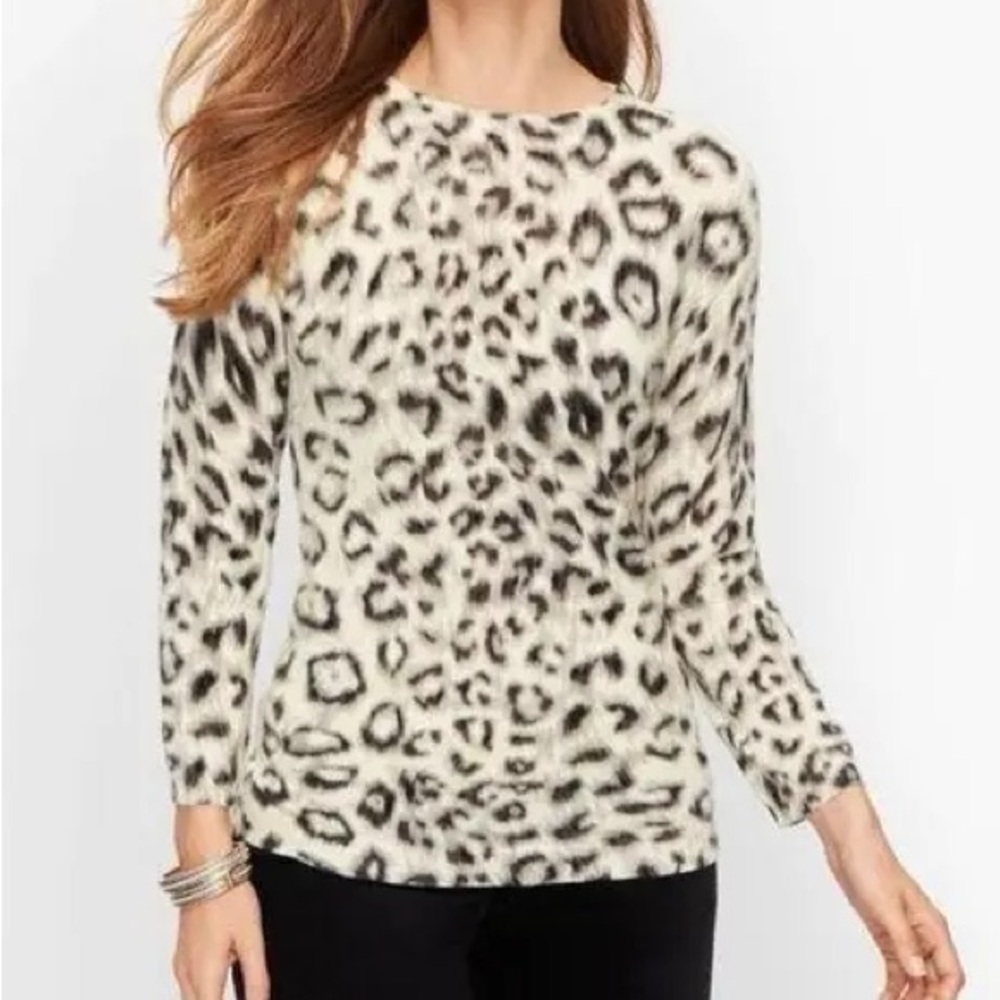 Talbots Cashmere Audrey Sweater Snow Leopard Print - Size XL